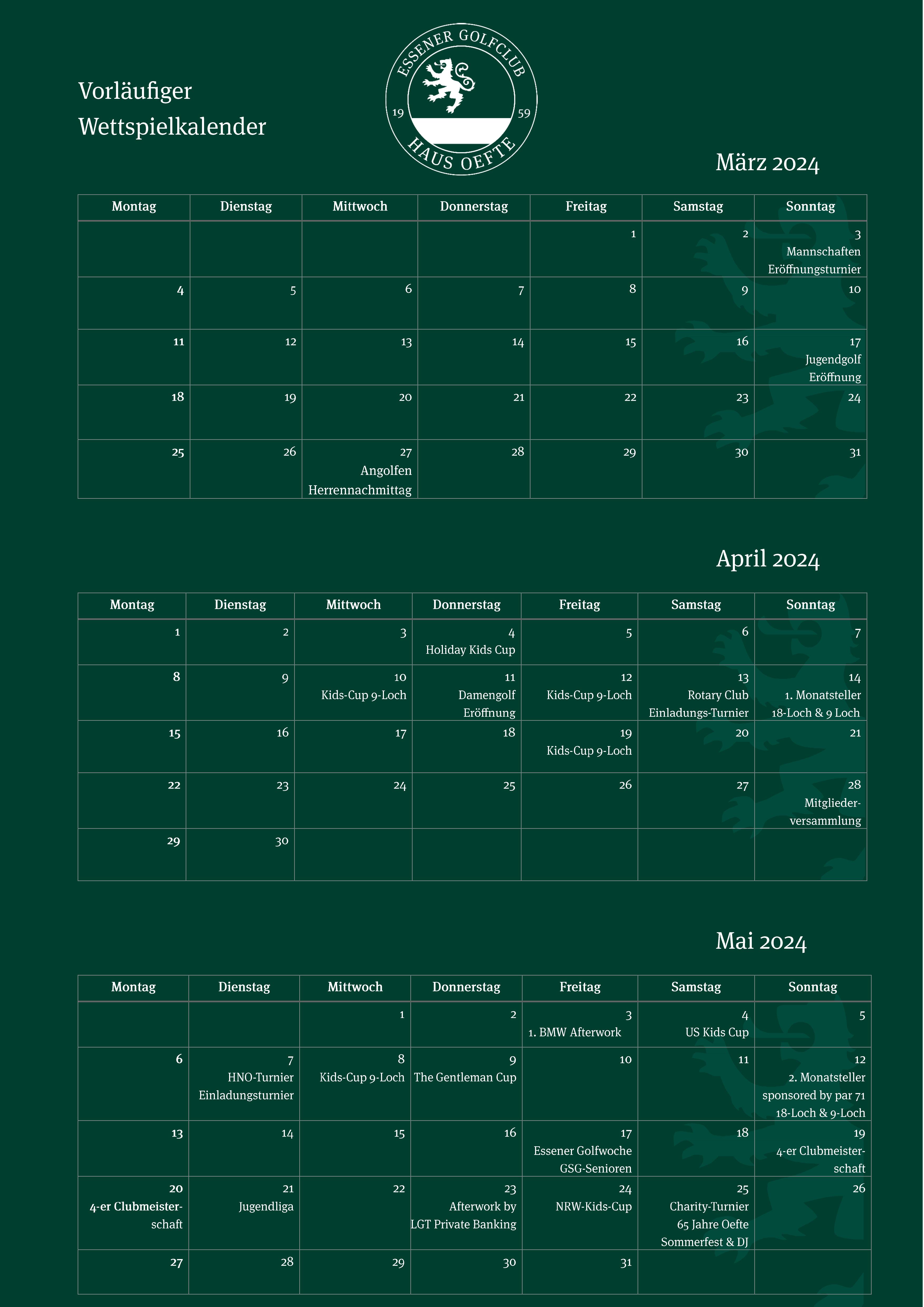 Essener Haus Oefte e.V. Vorläufiger Wettspielkalender